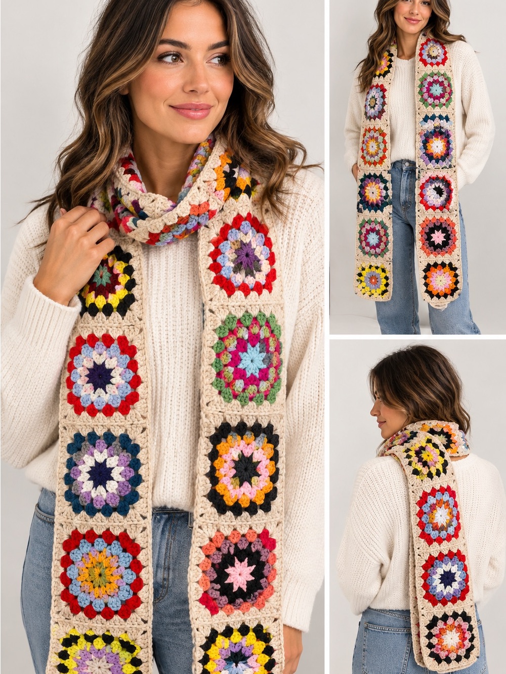 Handmade Crochet Starburst Granny Square Scarf